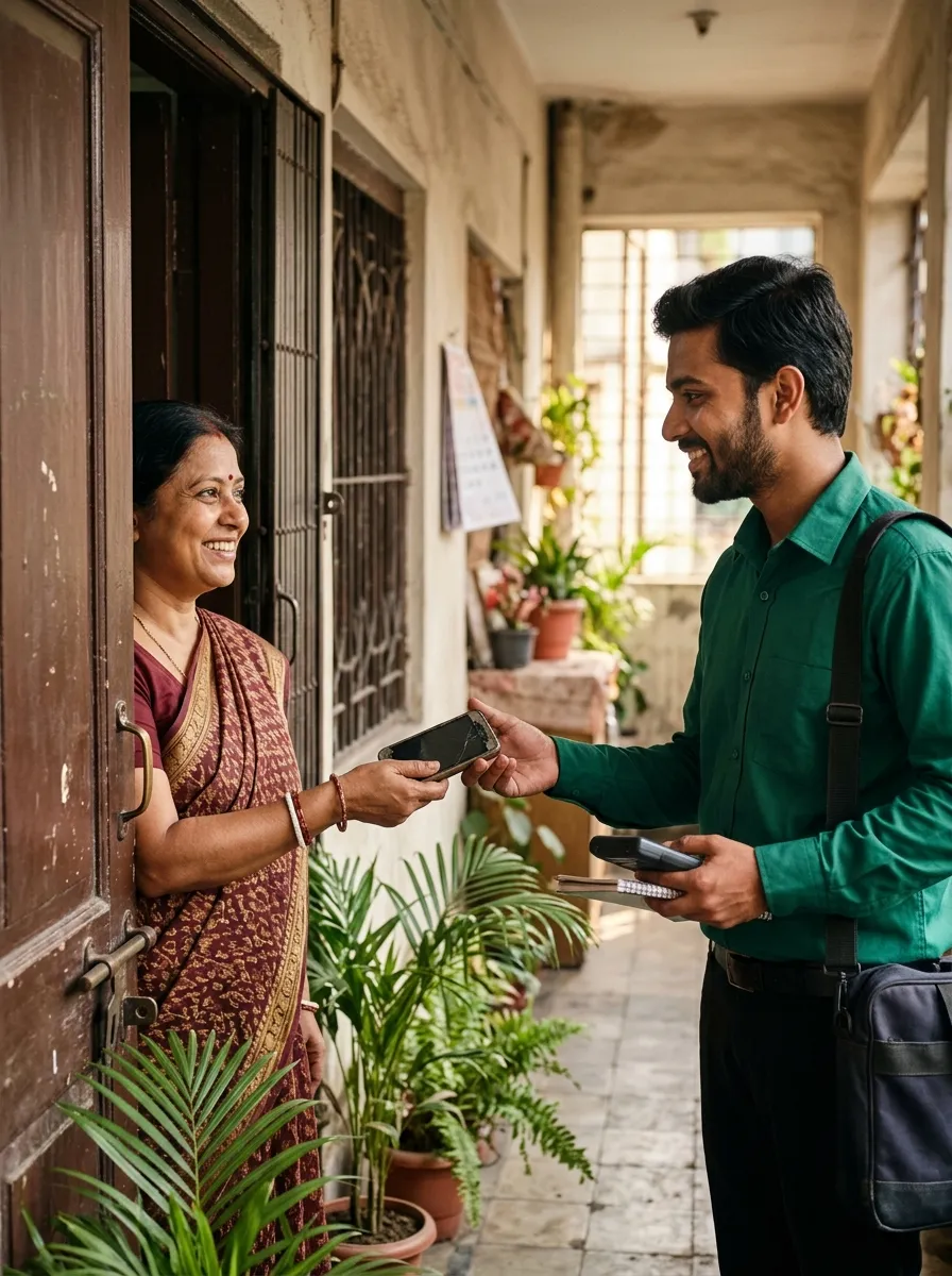 Executive collecting a phone at a Kolkata doorstep